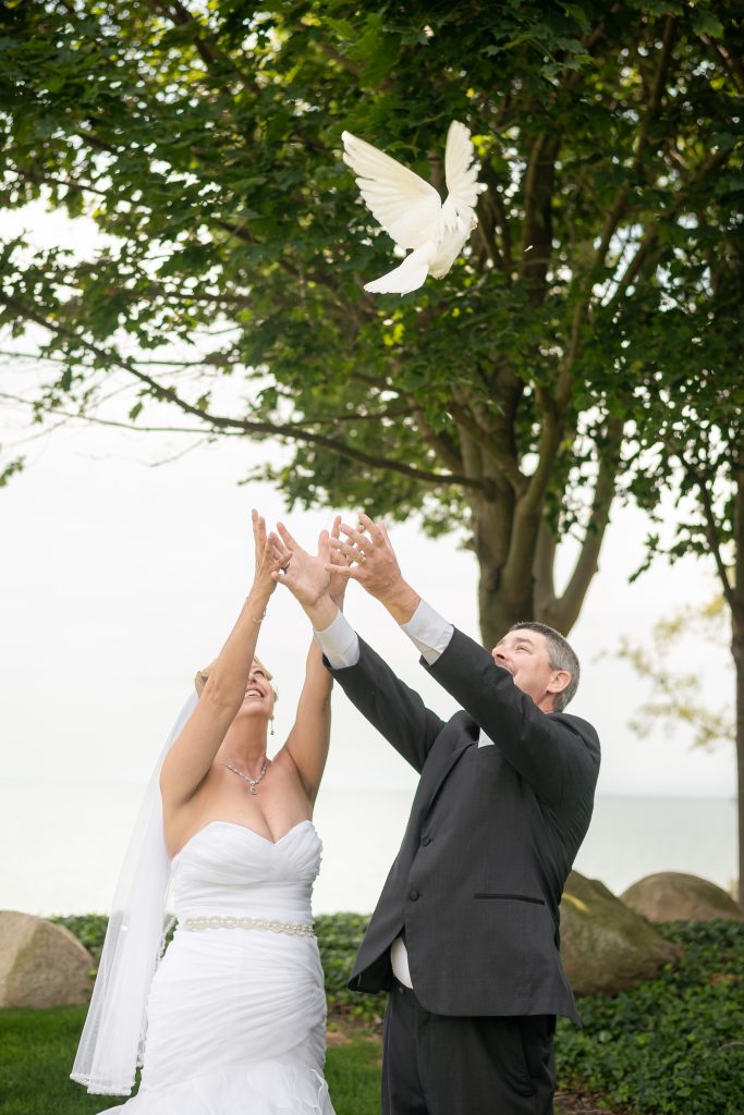 bride and groom releasing dove on their wedding day