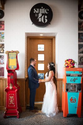 In the reception area of the retrosuites hotel just before the wedding ceremony