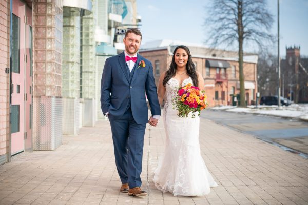 Bride and groom walking just before their wedding day Downtown Chatham