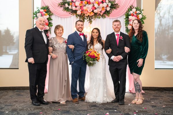 Group shot (wedding day family group photo from the Links of Kent in Chatham)